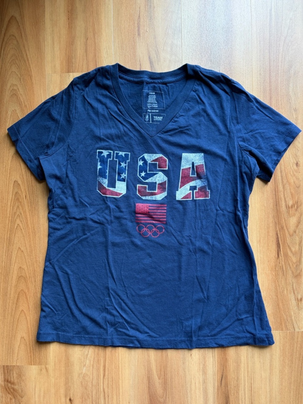 USA Graphic T-Shirt Navy Blue Women’s Medium Patriotic Tee Olympic Rings